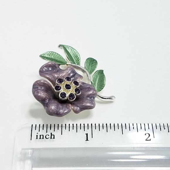 Vintage Purple Green Enamel Flower Brooch, Silver Tone, 1 1/2 In, 1990s - Picture 4 of 8